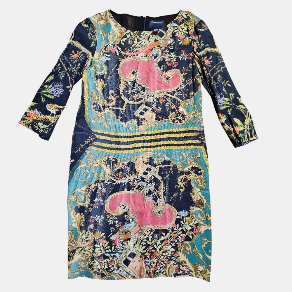 Roberto Cavalli Baroque Print Long Sleeve Sheath Dress 8 Statement Viscose Modal